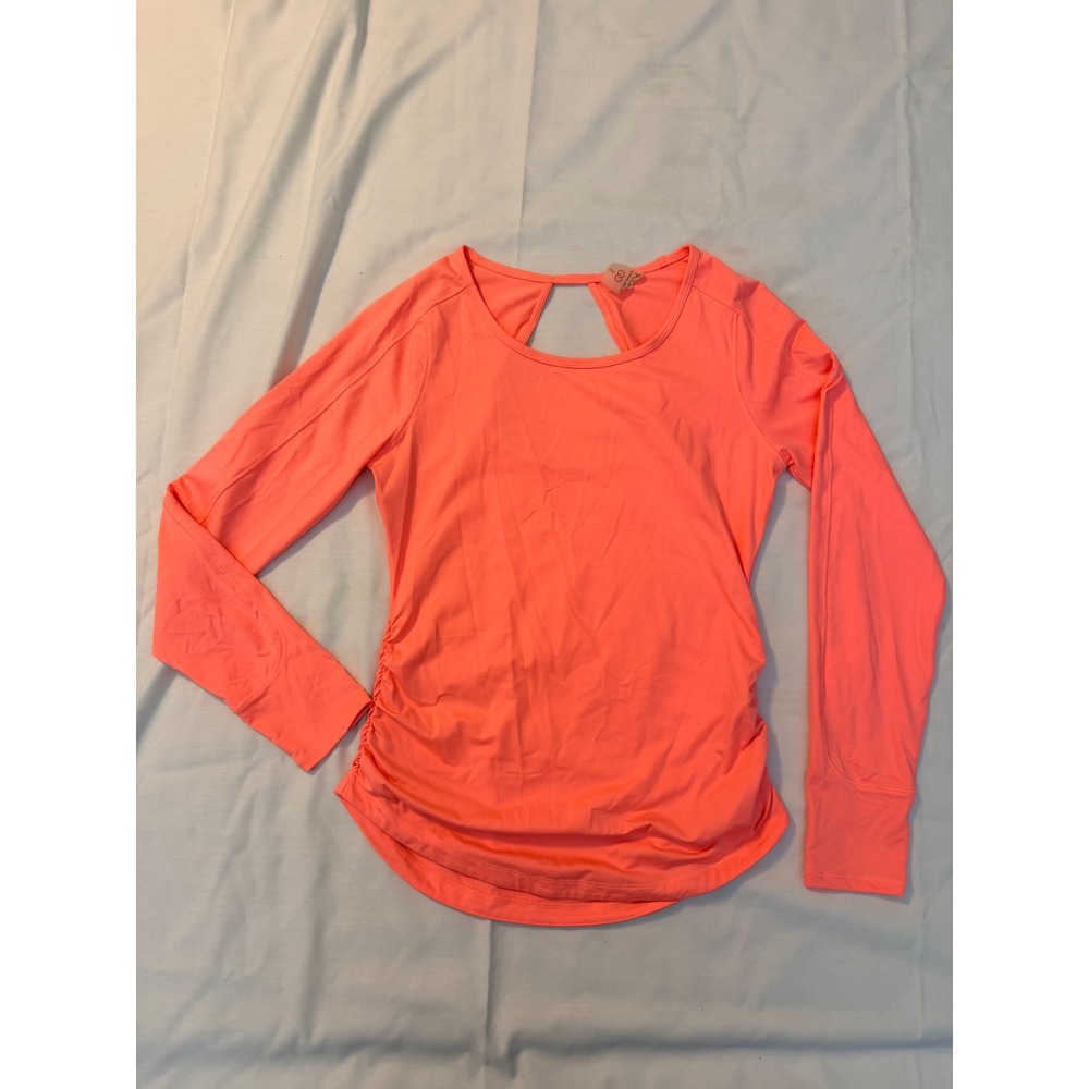 Calia by Carrie Underwood Neon Coral Ruched Open Back Long Sleeve Top WAX31190 S
